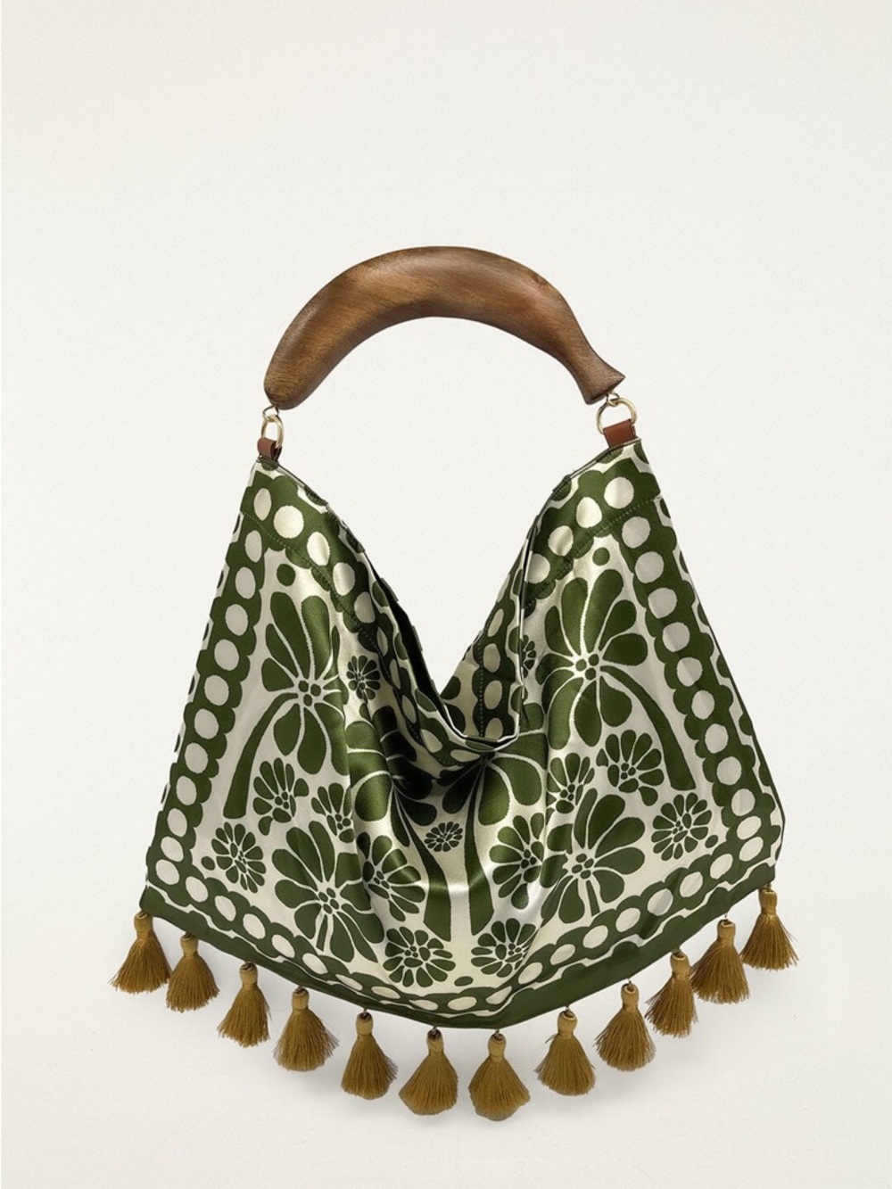 FARM Rio Olive Green and Cream Floral Tassel Shoulder Bag with Wooden Handle - Picture 2 of 2